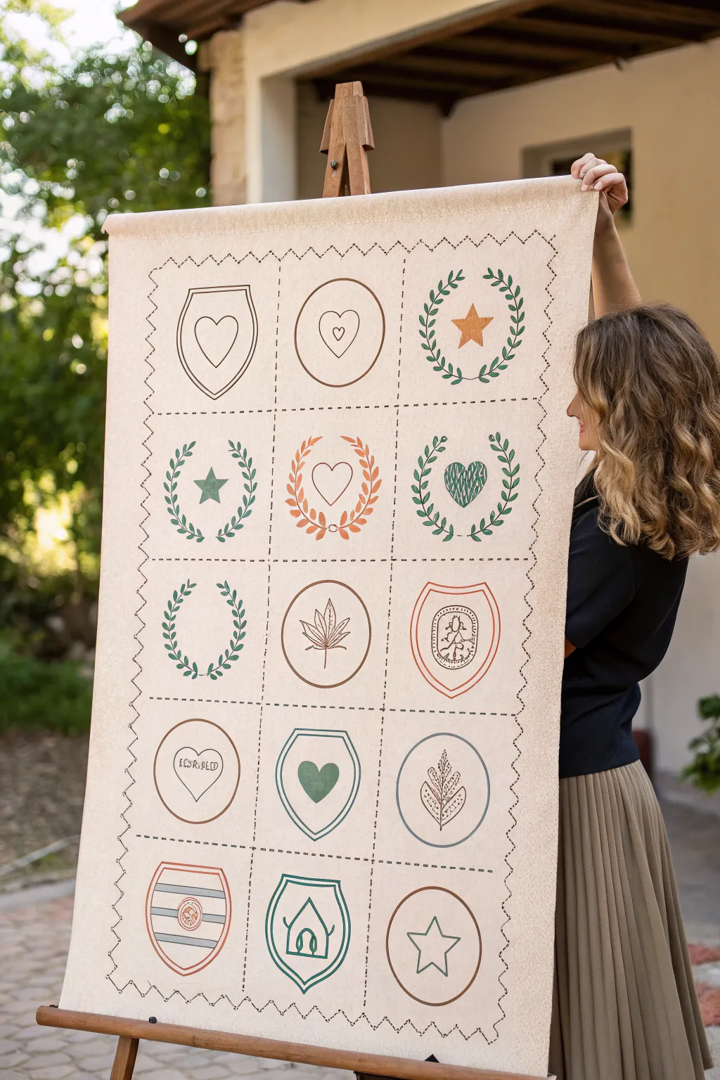 Design a calm classroom badge board using simple shapes, cozy boho tones, and clean contrast