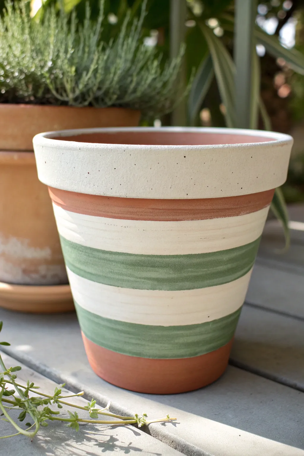 Easy stripe pottery: clean color bands on a minimal terracotta pot for a calm boho look