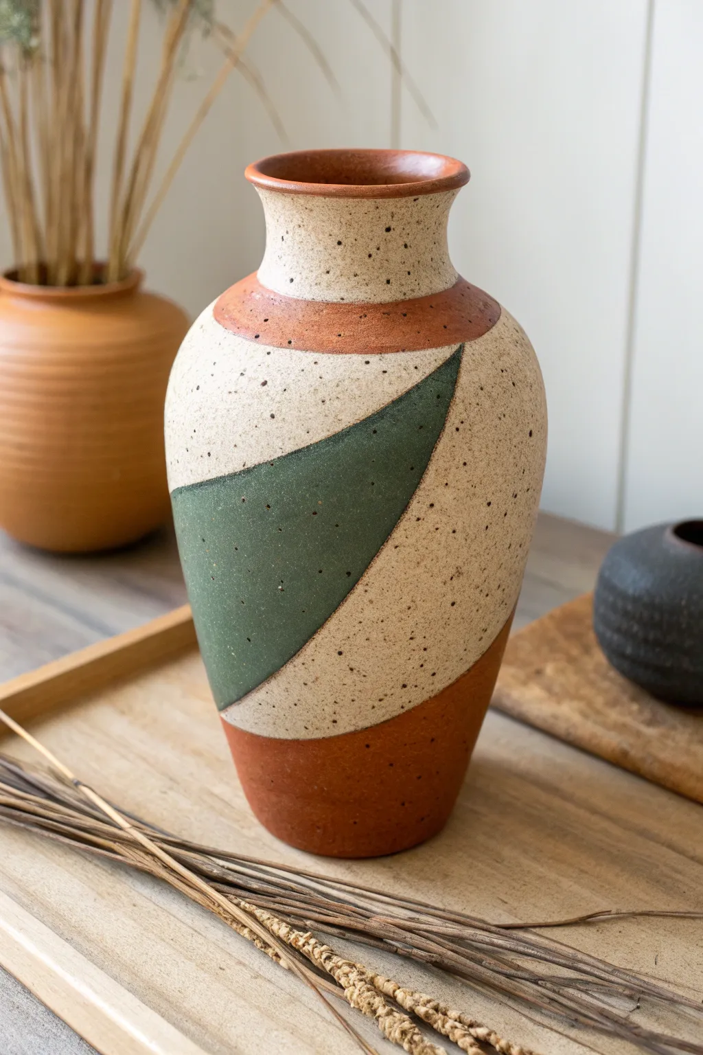Modern color-block vase with soft stems, minimalist Scandinavian vibe, bold contrast and calm boho warmth.