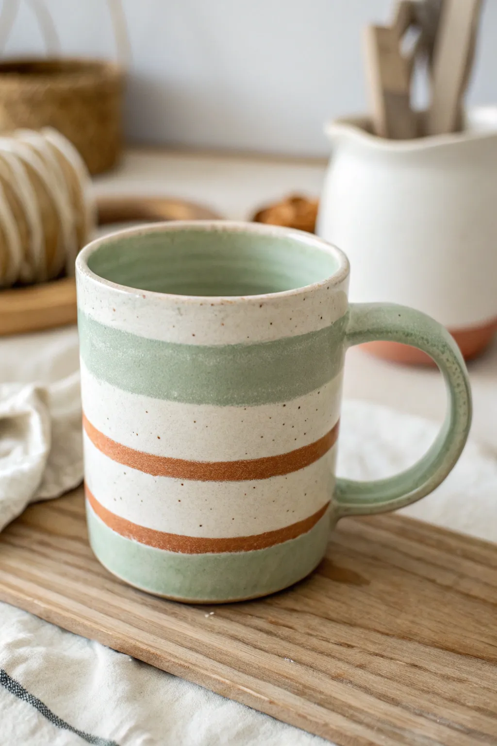 Crisp painters tape stripes make mug painting look polished with minimal effort every time.