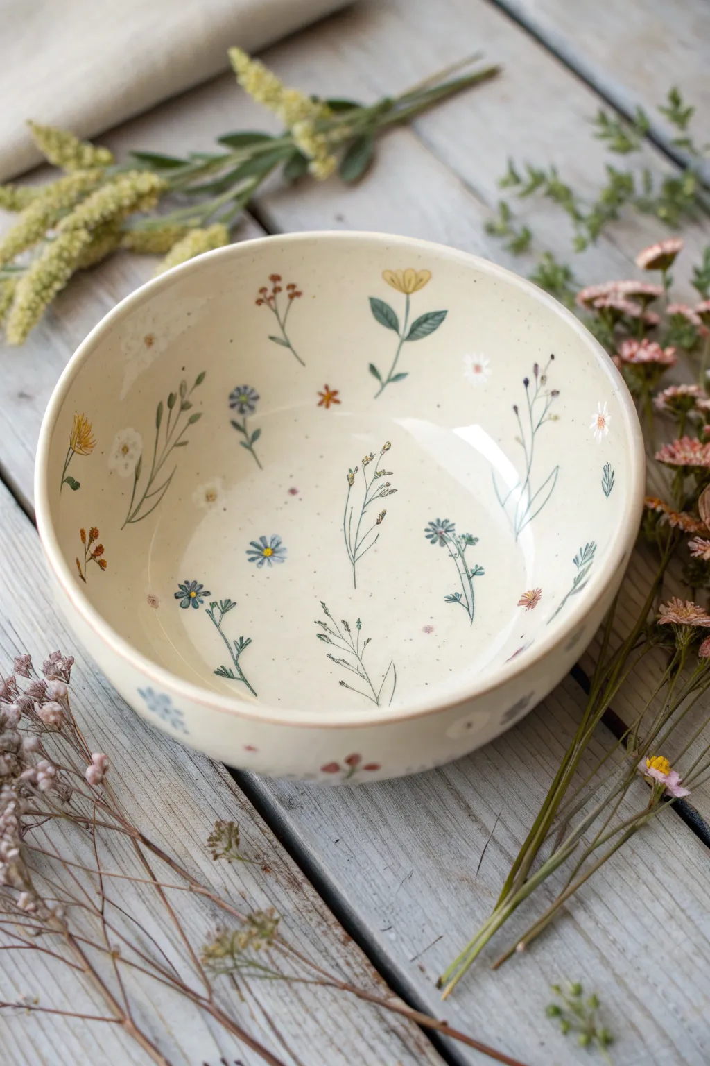 Overhead bowl with delicate wildflower scatter, minimalist boho palette and crisp contrast