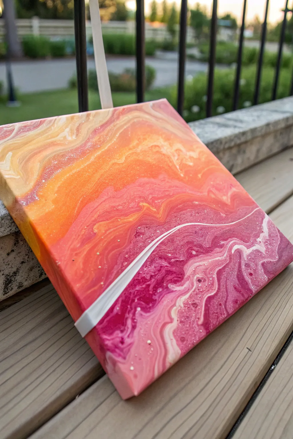 Sunset ombre pour in coral, orange, and magenta with a soft white buffer glow