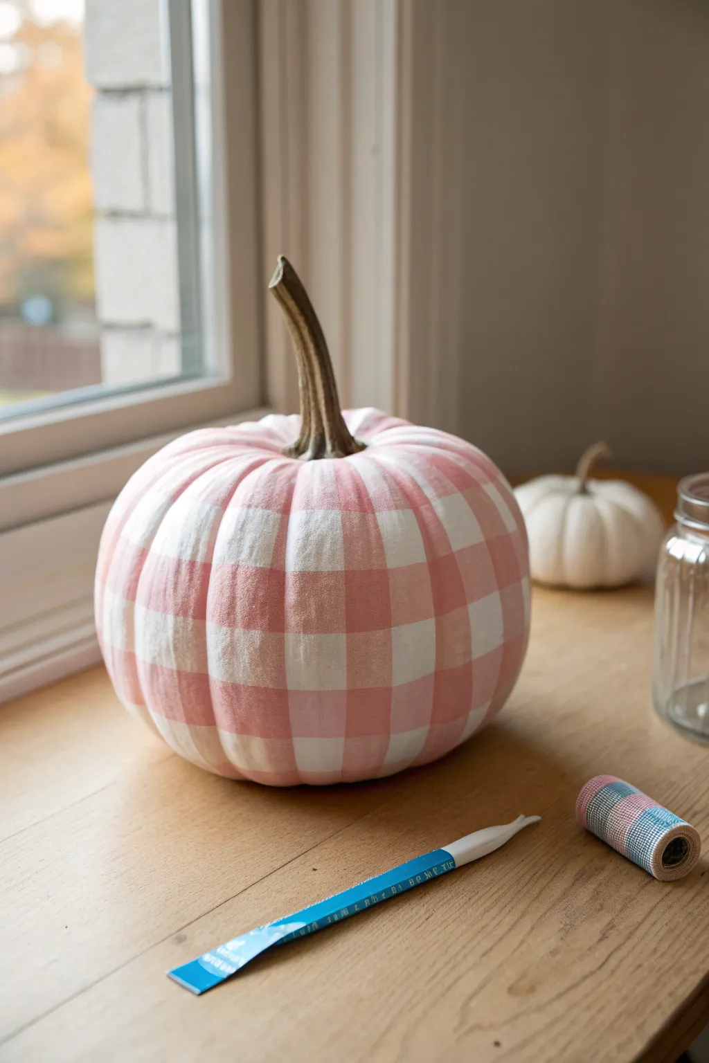 Pastel gingham painted pumpkin with crisp tape lines for a preppy, minimalist fall accent