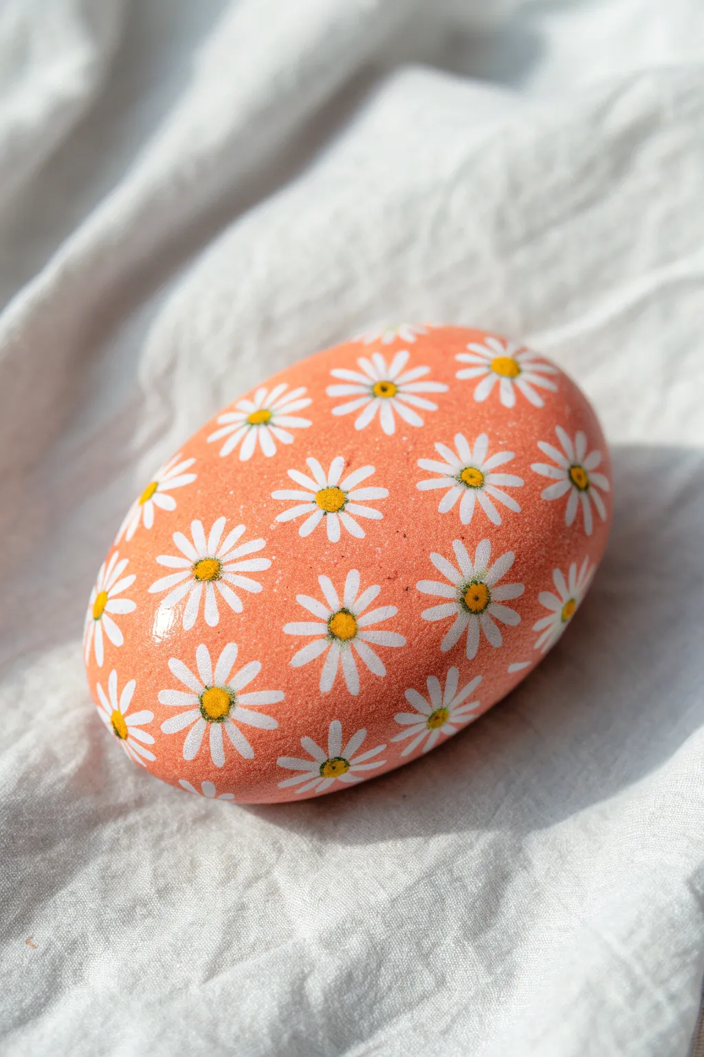 Neon coral rock with tiny white daisies and sunny yellow centers, a preppy sprinkle pattern