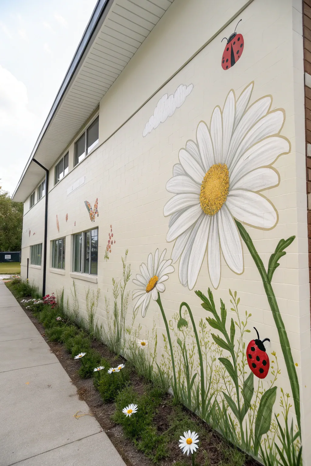 Giant daisy mural at kid height with gentle bugs, airy sky space, and calm Nordic-boho style