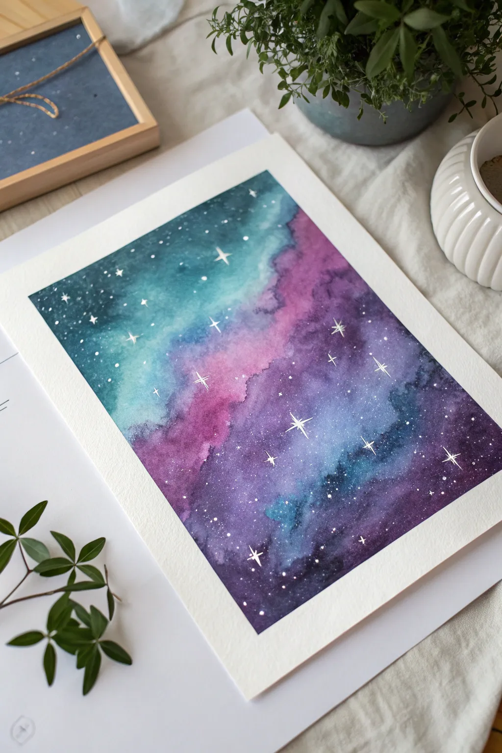 Velvety indigo galaxy with magenta and teal nebula blends and crisp white star splatter
