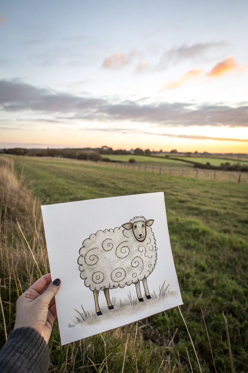 Chunky primitive sheep with scalloped wool in a calm meadow, easy inspiration for beginners.