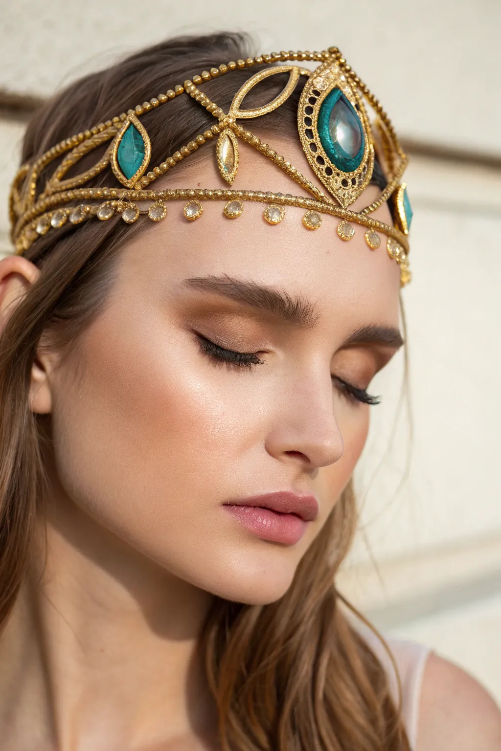 Warm gold crown face paint with jewel center and fine filigree, minimal Nordic-boho vibe.