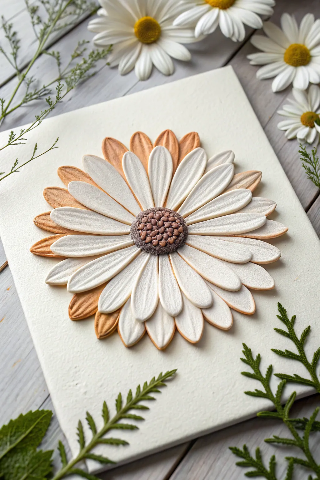 Minimalist puffy paint daisy with swirl and dot petals, showcasing raised texture and contrast.