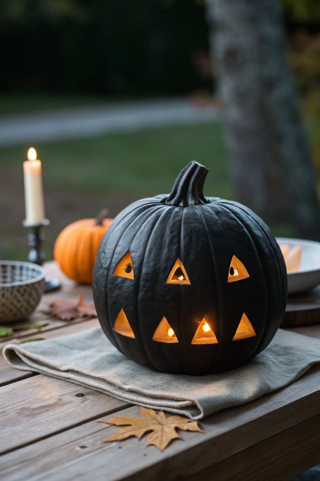 Matte black pumpkin with clean carved cutouts, glowing warmly at dusk in minimalist style.