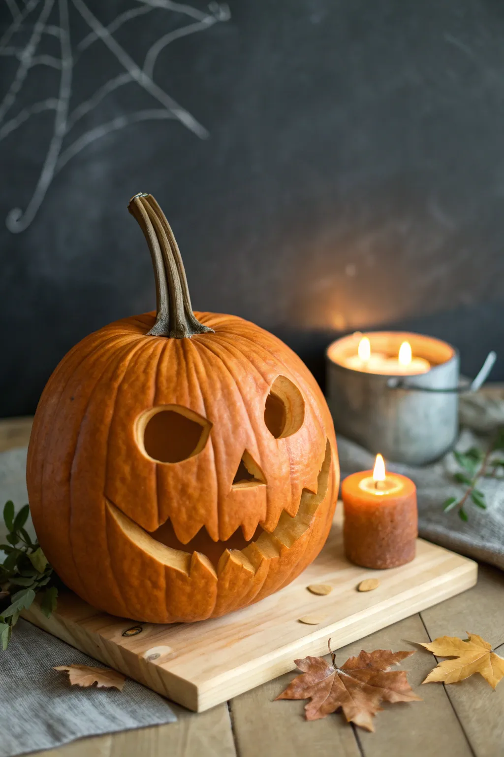 Easy screaming face pumpkin: big oval eyes and an O-mouth glow, simple and dramatic.