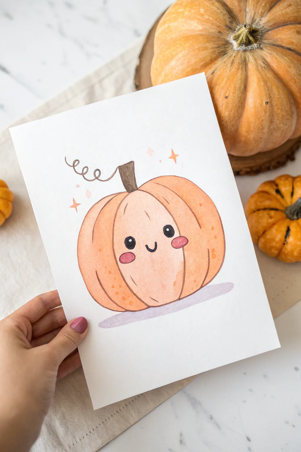 Cozy smiley pumpkin with rosy cheeks, a minimalist boho fall doodle to recreate today