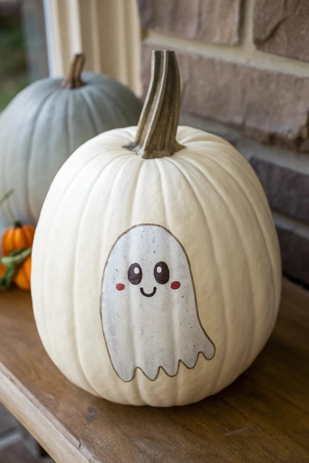 Friendly ghost pumpkin in matte white with softly blended shadows and a gentle edge glow