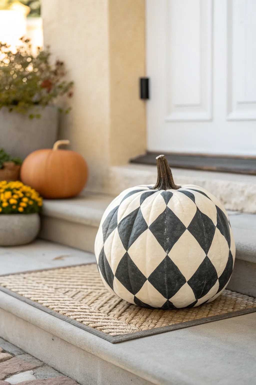 Classic cream and charcoal checkerboard pumpkin, minimalist fall doorstep with cozy boho texture.