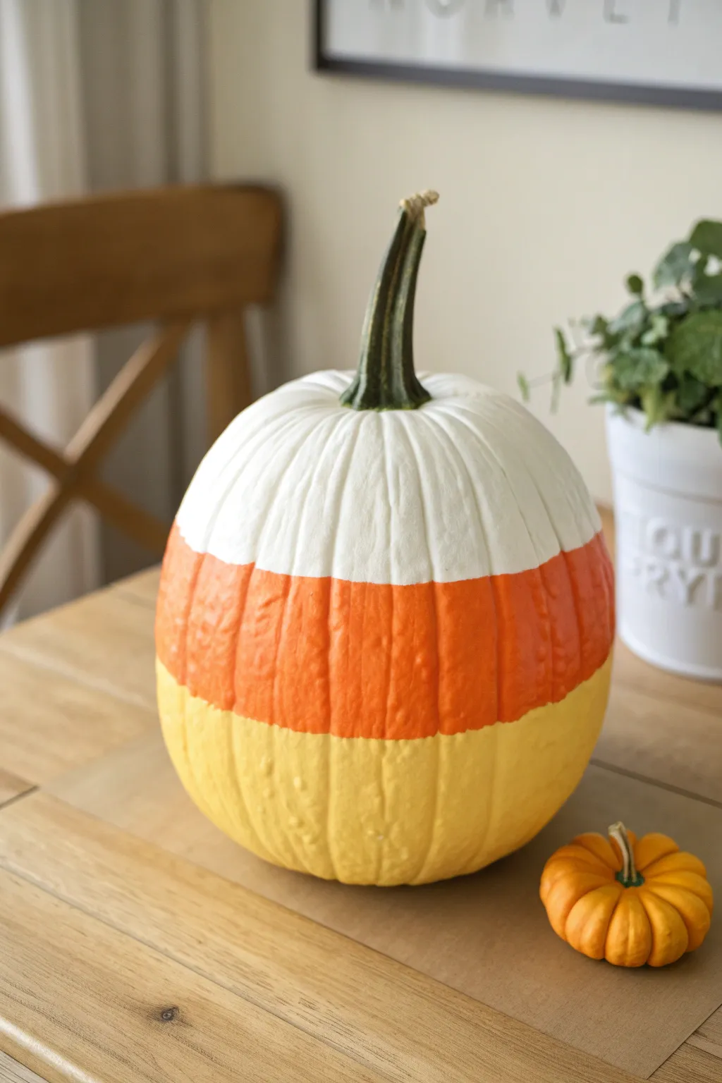 Candy-corn color blocking on a crisp, minimalist pumpkin for cozy modern fall vibes