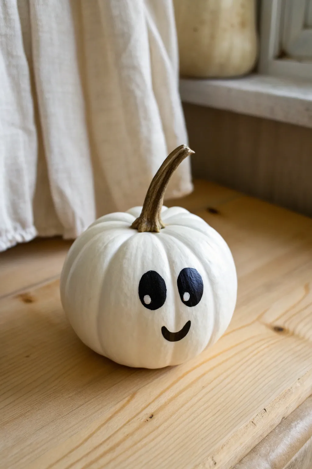 Sweet friendly ghost pumpkin on a clean tabletop, minimalist and kid-friendly Halloween craft