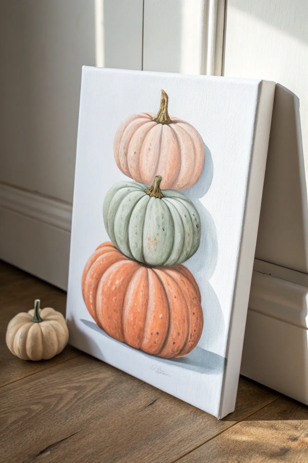 Three pumpkins, three sizes, one calm composition—minimal, boho-warm, and easy to paint.
