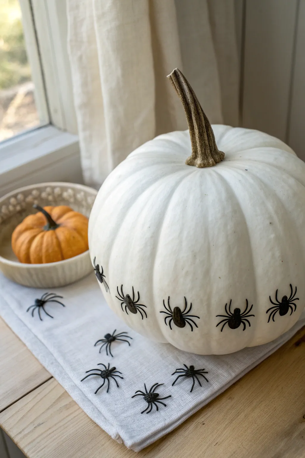 Minimal white pumpkin with a parade of tiny black spiders creeping around the base