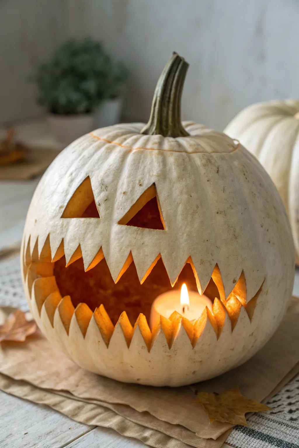 Needle-tooth pumpkin grin with toothpicks, glowing warmly for a crisp, scary close-up.