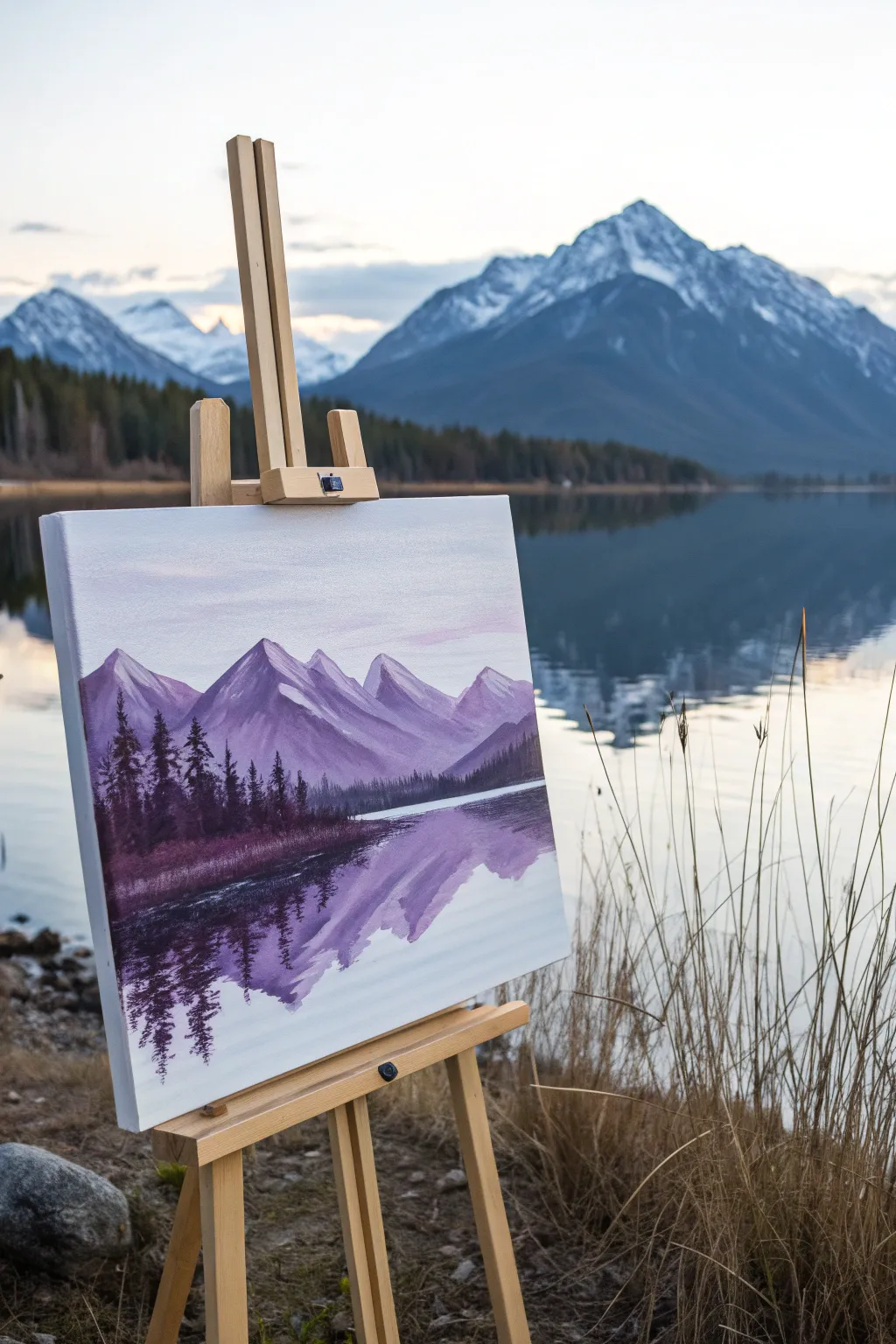Indigo-purple mountains mirrored in a calm lake, a simple acrylic scene to paint in minutes.