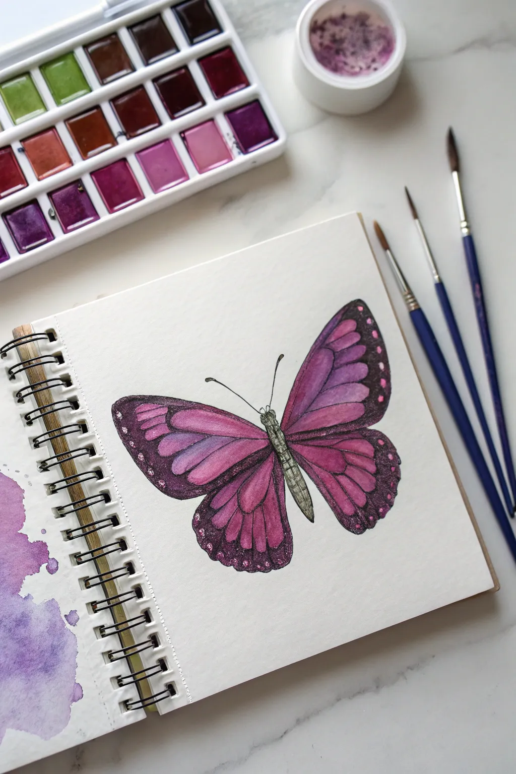 Violet to lilac butterfly study with palette swatches for calm, minimalist purple inspiration