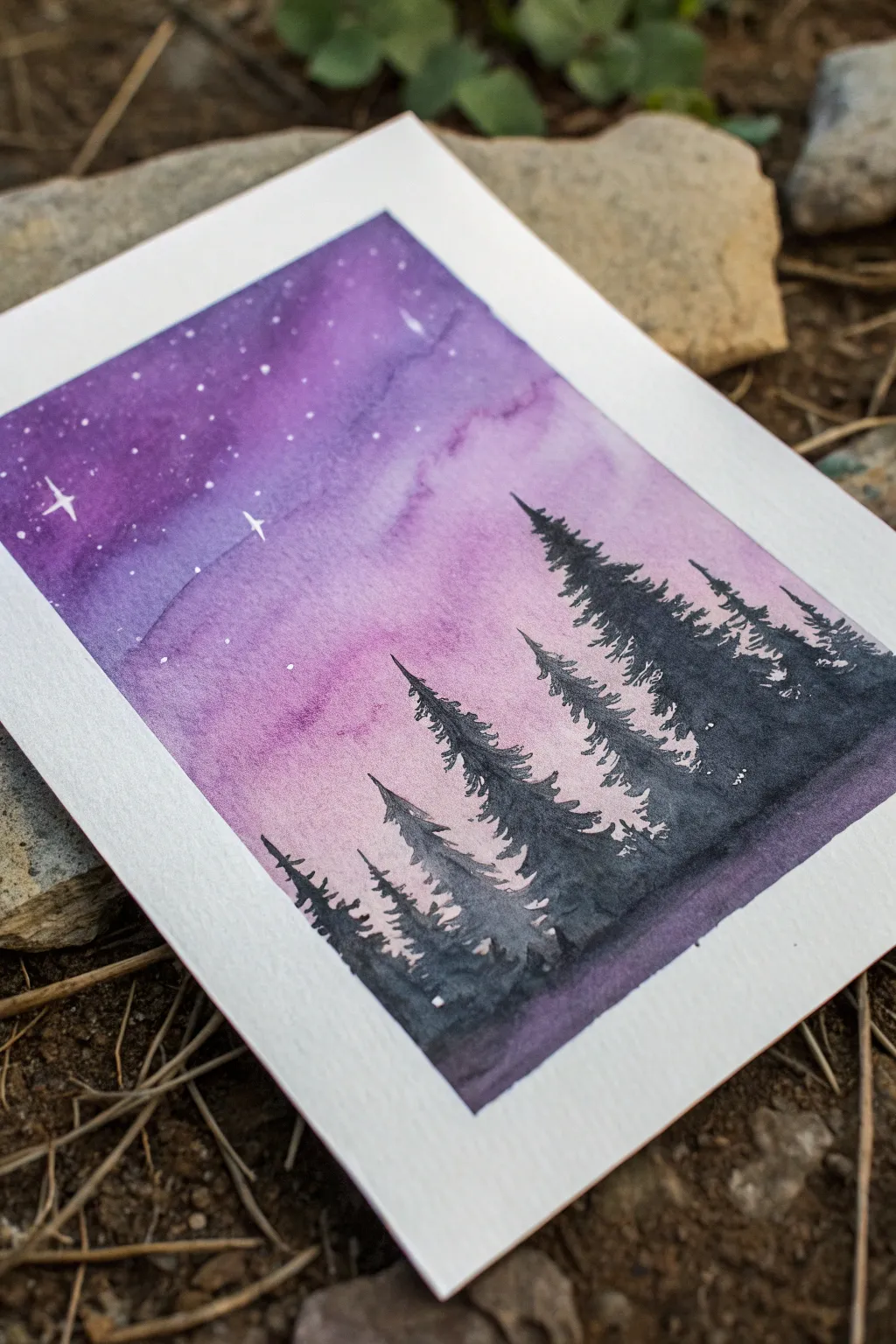 Easy purple sky gradient with bold pine silhouettes in a minimalist Scandinavian boho style