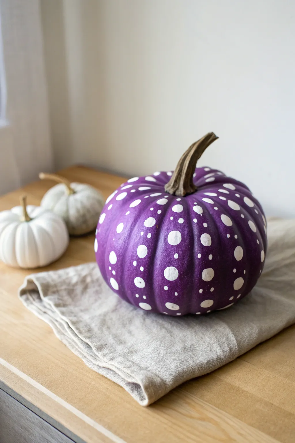 Matte purple pumpkin with crisp white polka dots for a bold, minimalist fall accent.