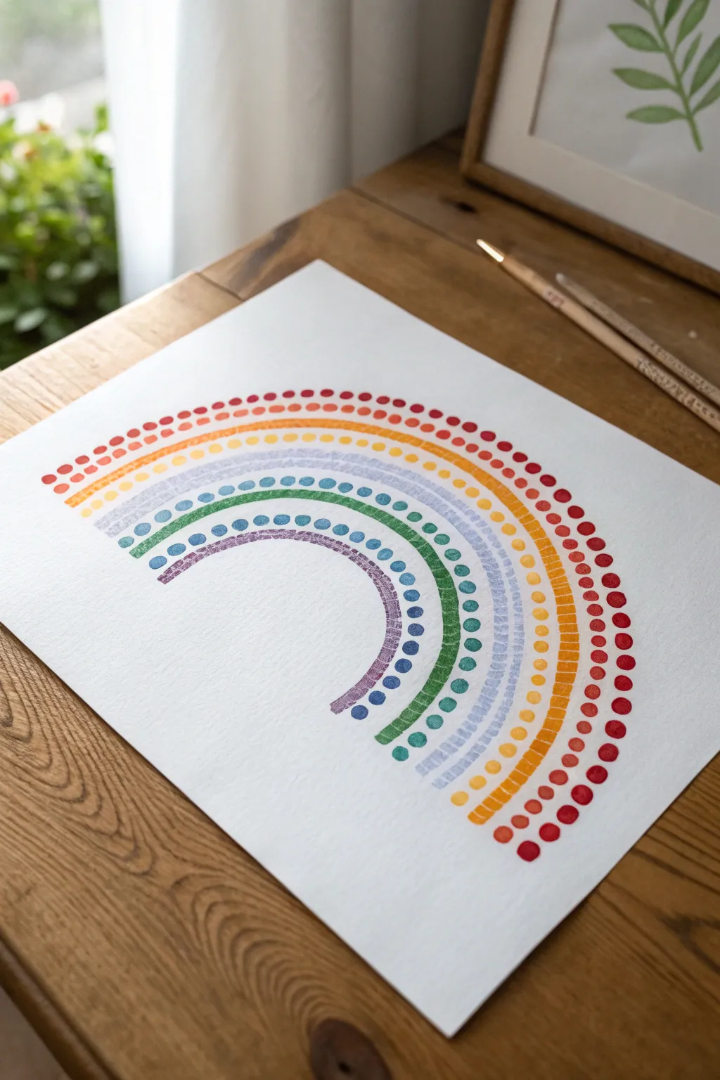 Minimalist rainbow arc of Q-tip dots with silky color fades on bright white paper.