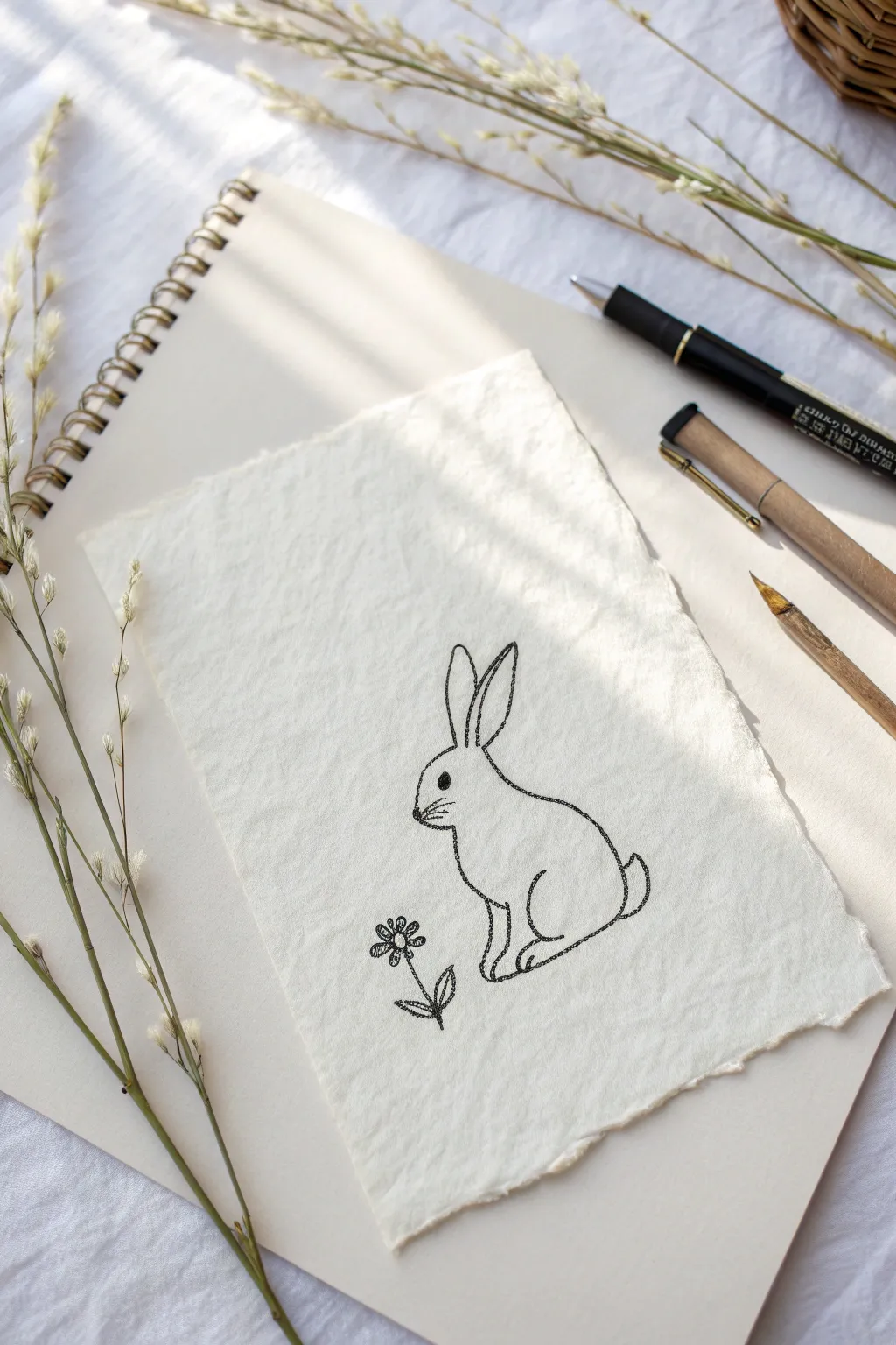 Minimalist rabbit line art idea: one continuous ink line on textured paper and plenty of white space