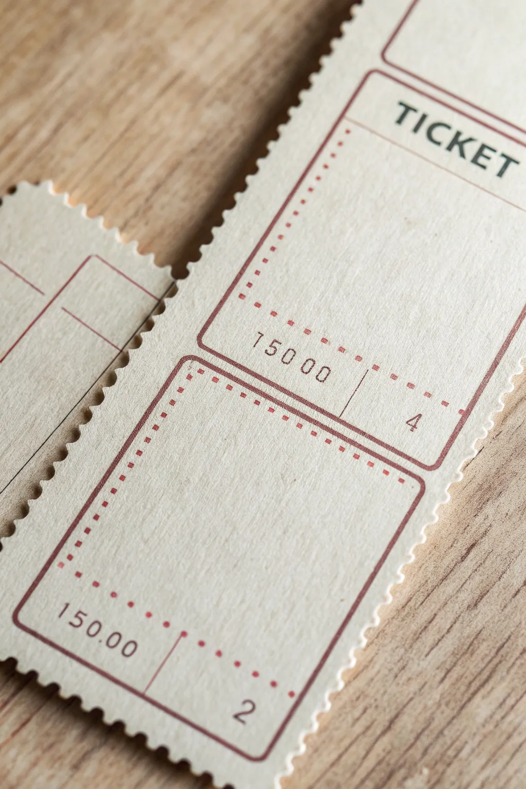 Clean perforated raffle ticket stub layout in warm neutrals, minimalist boho style, crisp contrast