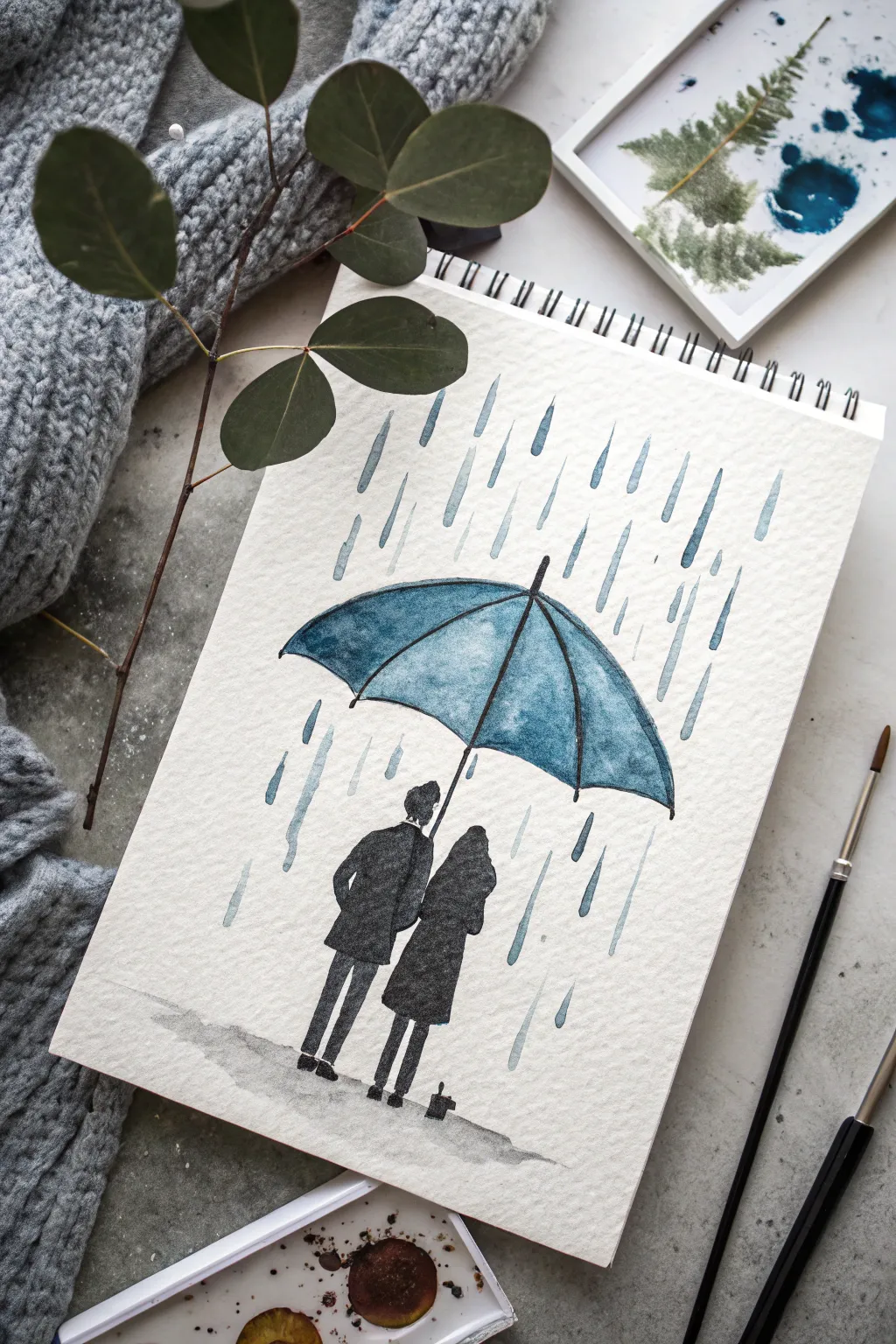 Cozy rain painting idea: one bold umbrella sheltering two figures, soft mist and clean contrast.