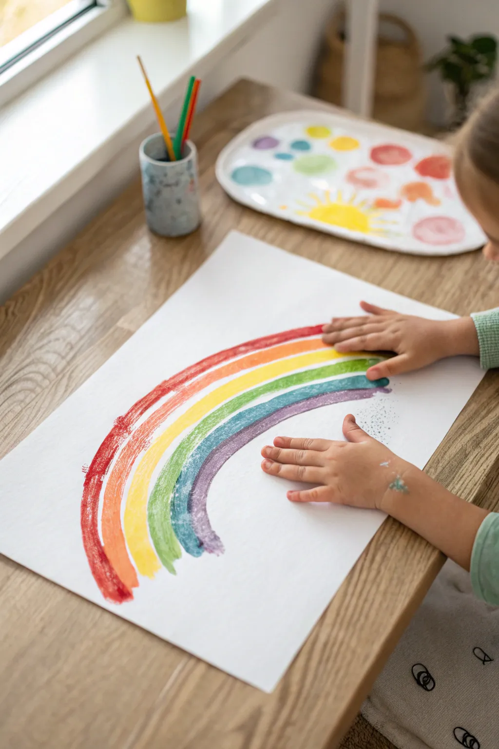 Glossy finger-painted rainbow arc on crisp white paper, tiny hands and playful smudges in focus