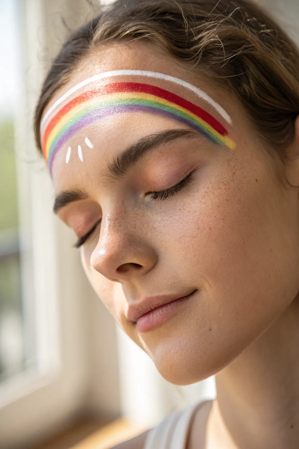 A smooth rainbow band across both brows, topped with fine white linework for a clean boho twist