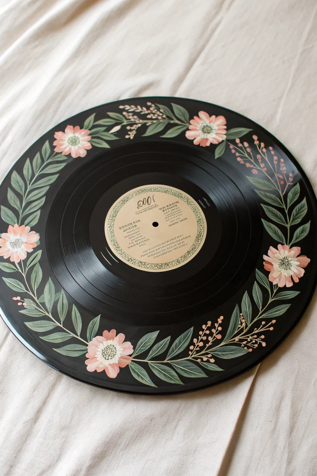 Upcycle vintage vinyls with a delicate acrylic floral wreath border for boho wall decor.