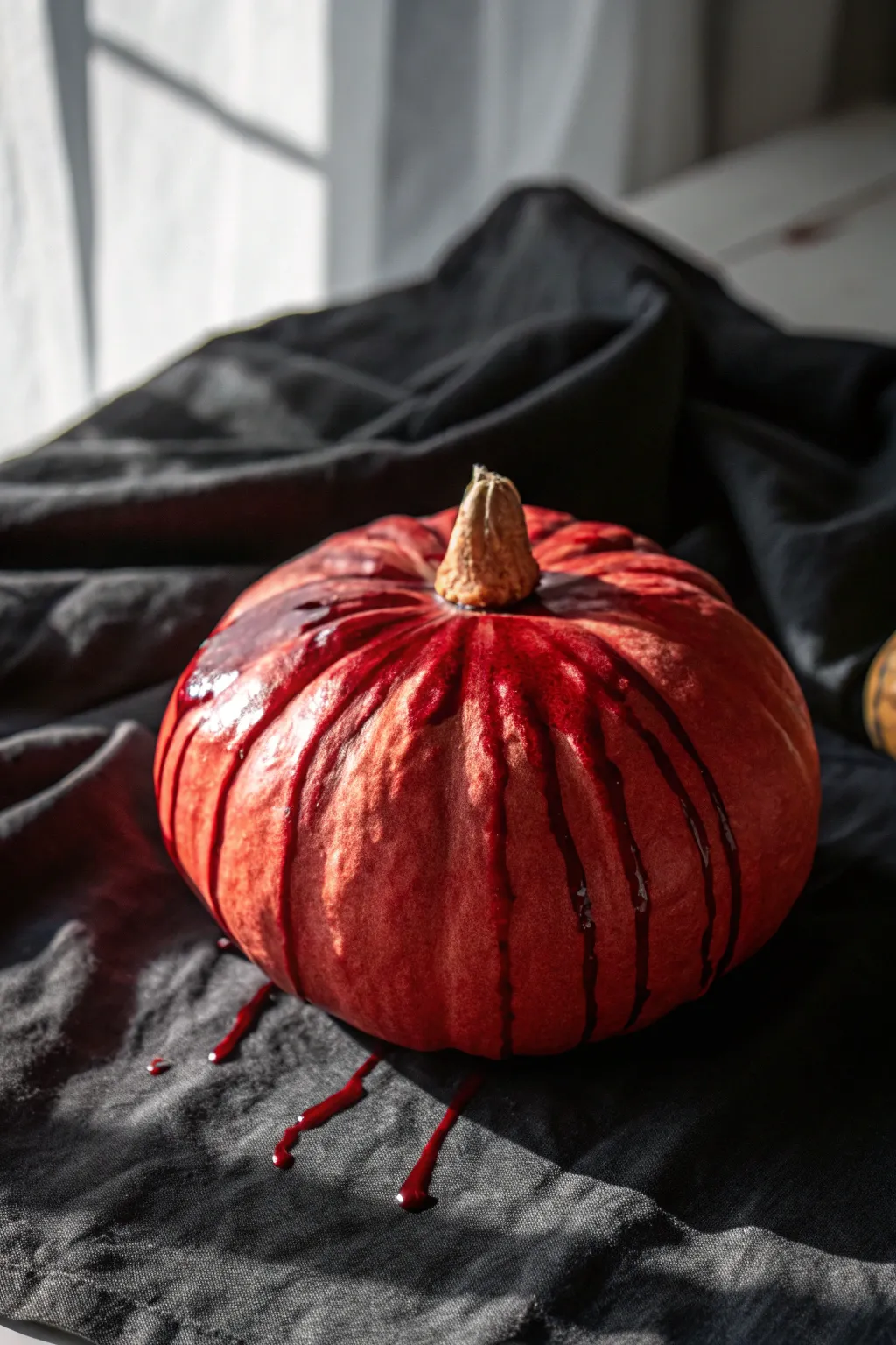 Deep red pumpkin with glossy dripping paint, moody black linen backdrop, dramatic side light.