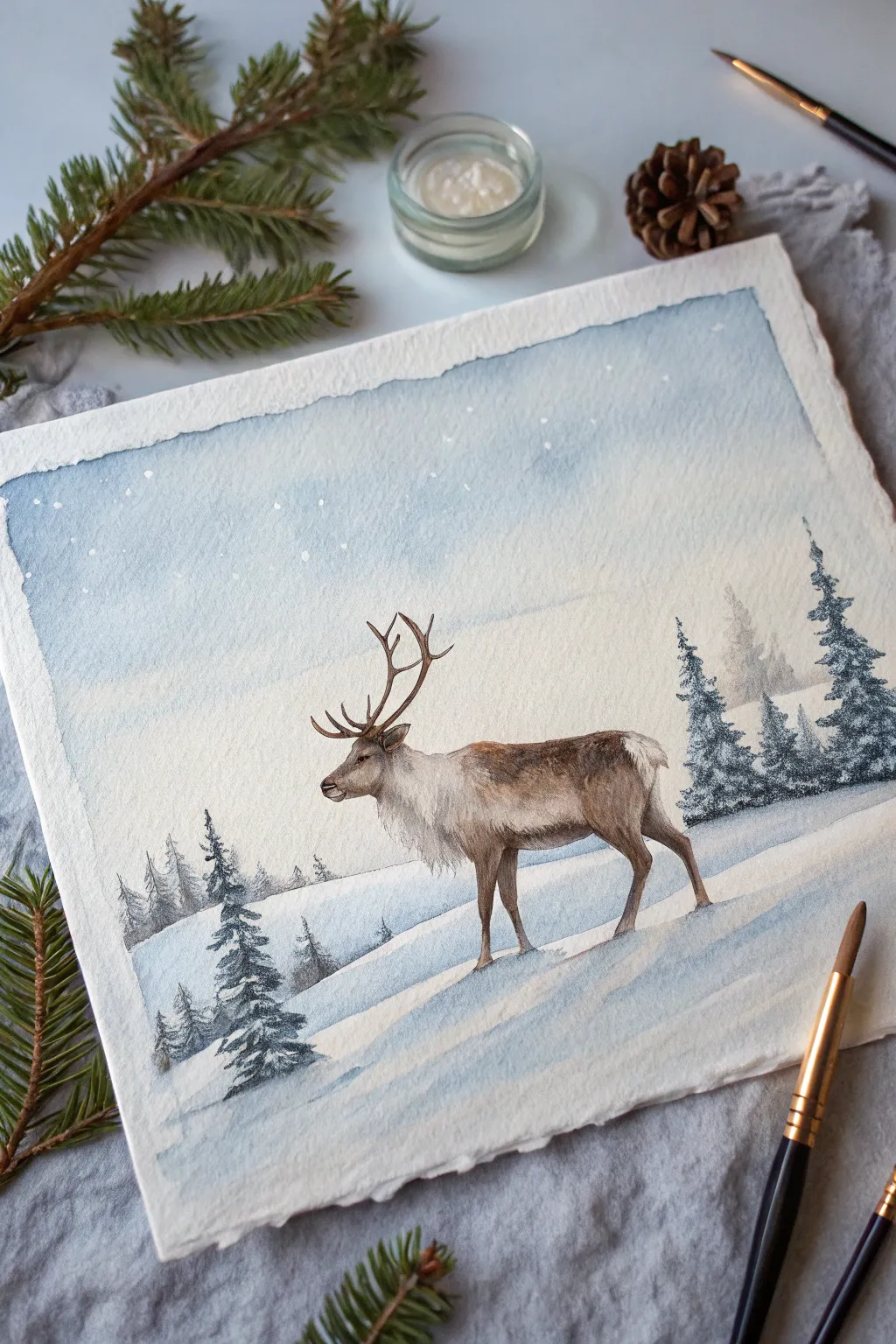 Paint a calm reindeer in soft snowdrifts with a cool sky wash and simple pine silhouettes.