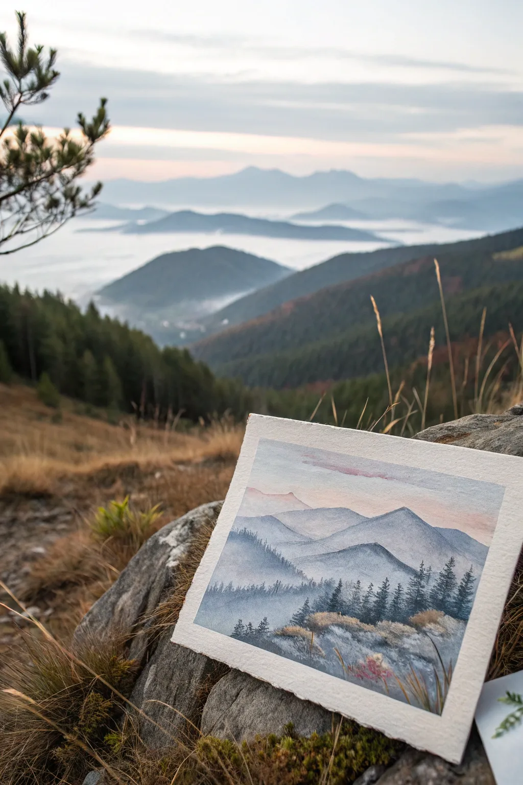 Misty mountain layers in soft watercolor tones, a calm minimalist landscape to paint