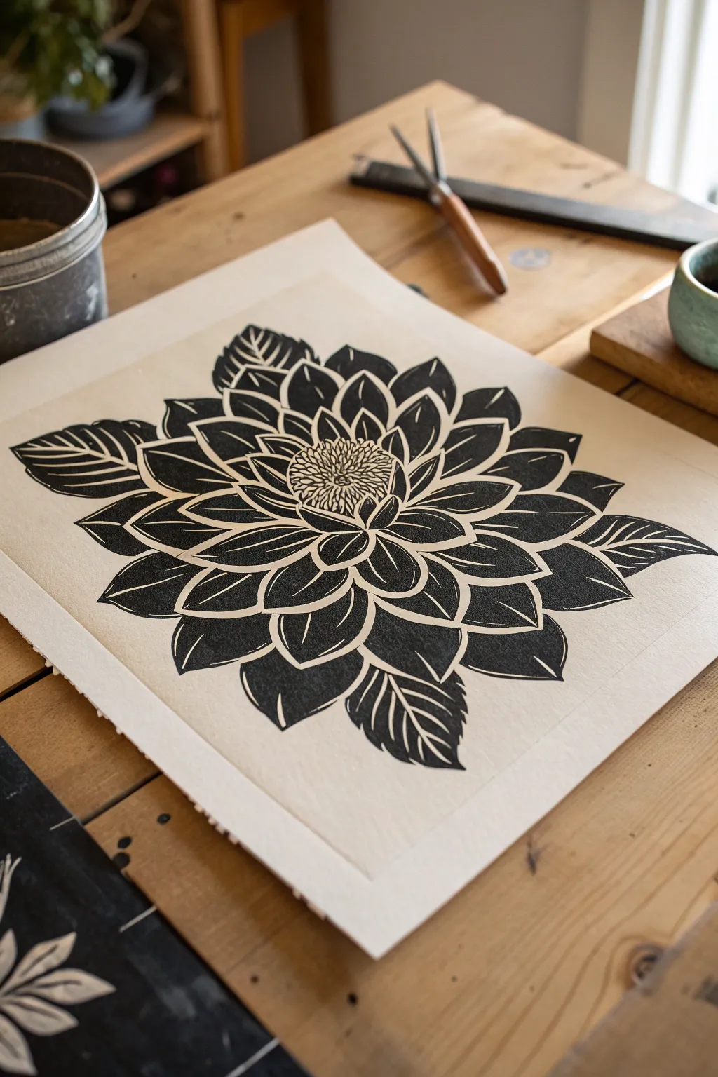 Single bloom relief print with overlapping petals, crisp carved whites, and tactile carved texture.