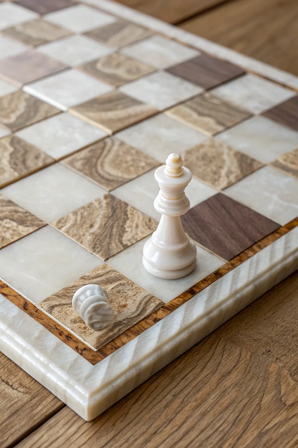 Soft marble-swirled resin chess corner with a matching king, clean Scandinavian + boho calm.