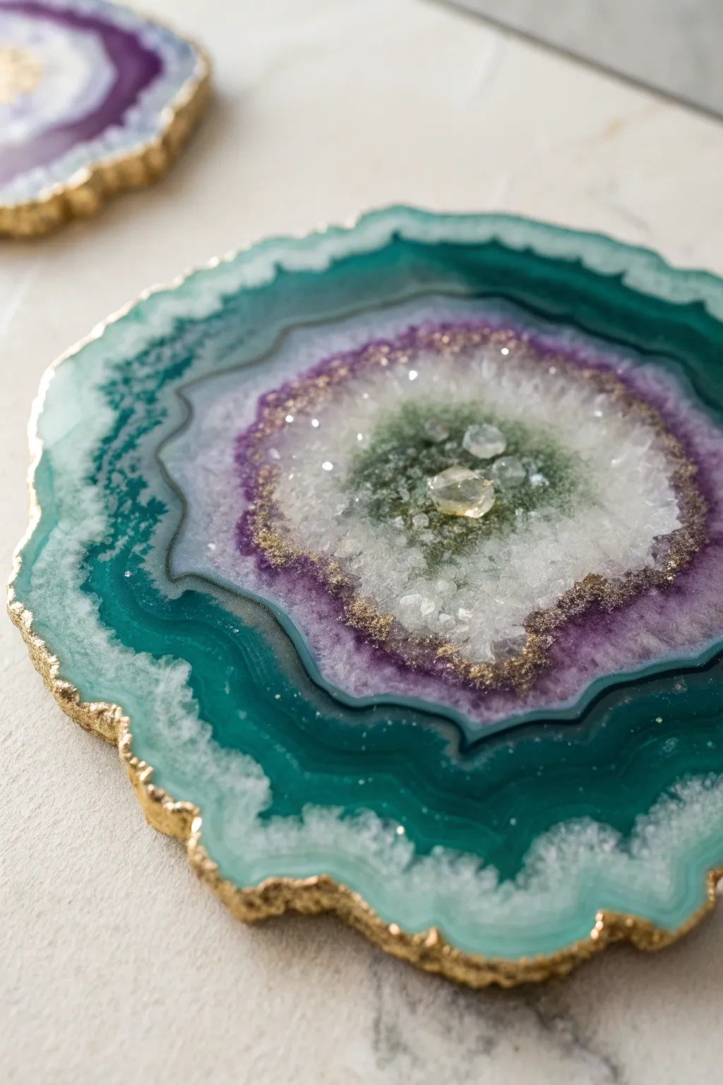 Jewel-tone geode resin layers with a deep crystal center for luxe color inspiration.