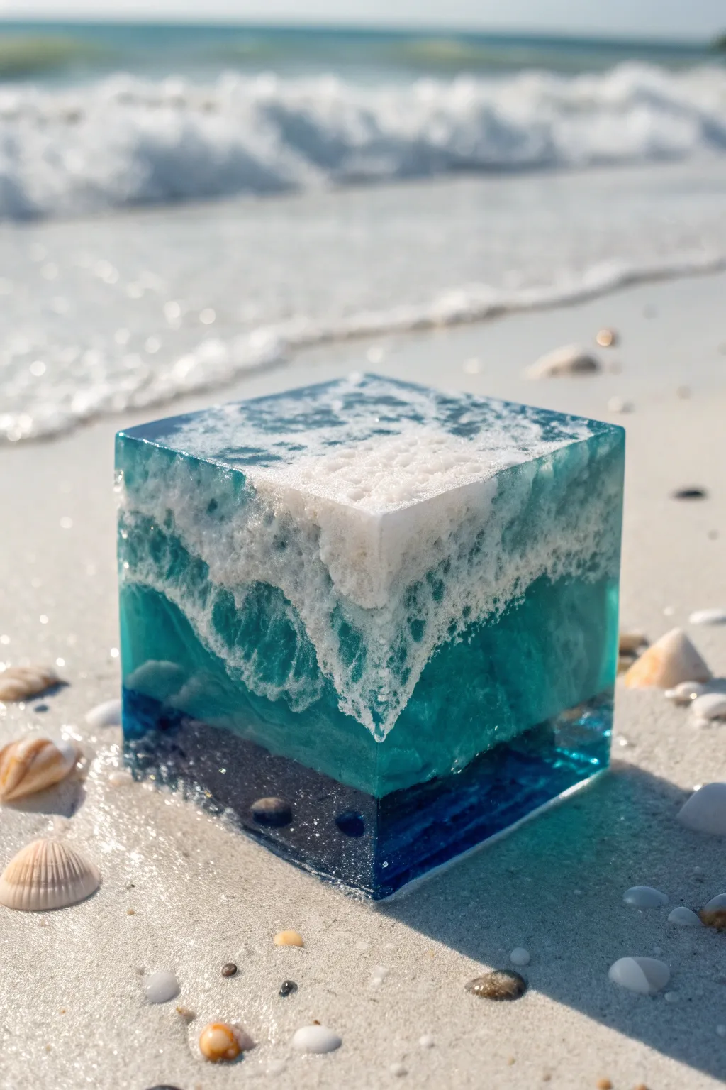 Ocean wave resin cube with layered blues and a foamy crest, styled on pale sand in soft sun
