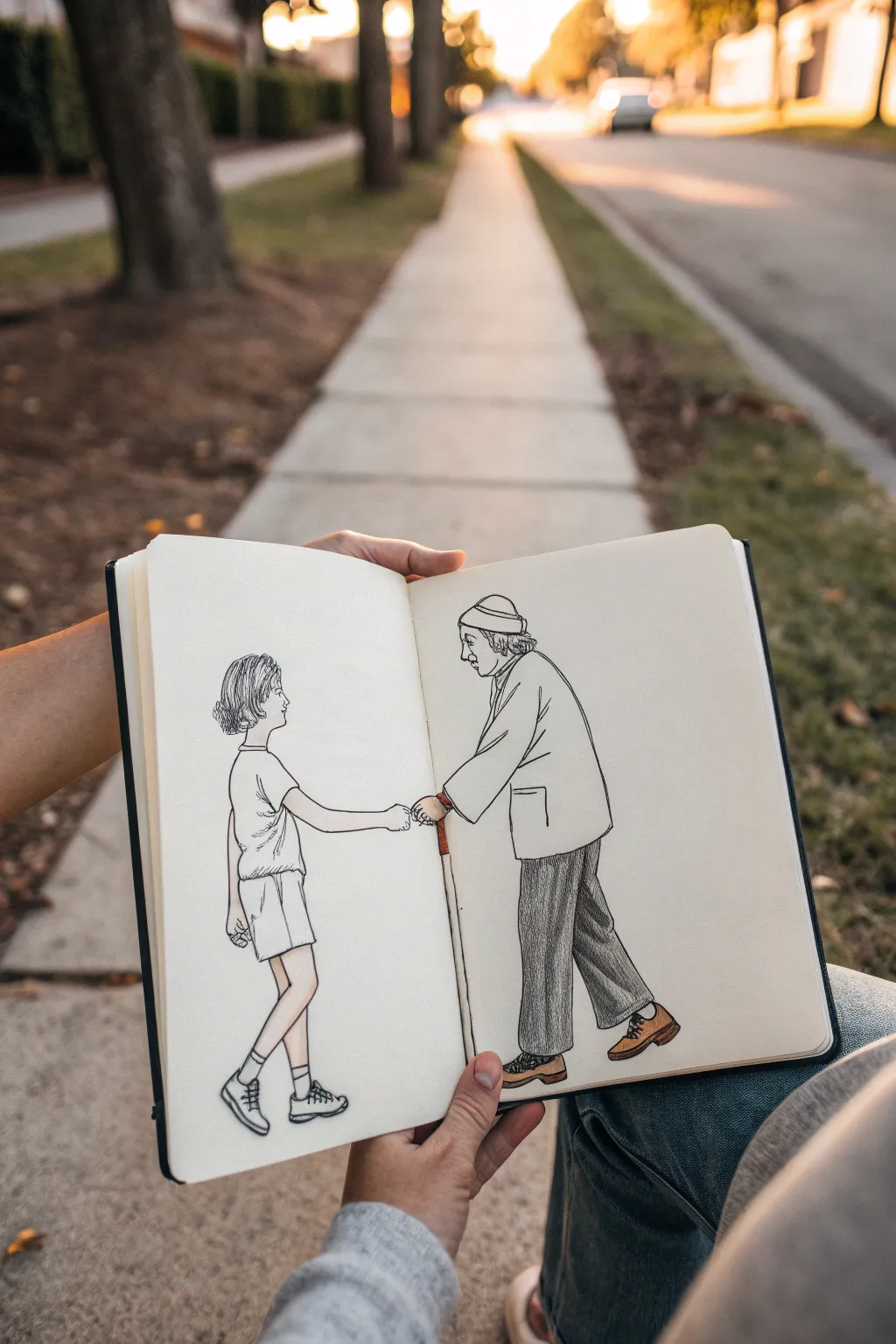 Simple line drawing of a young helper and elder with cane, capturing quiet respect and care.