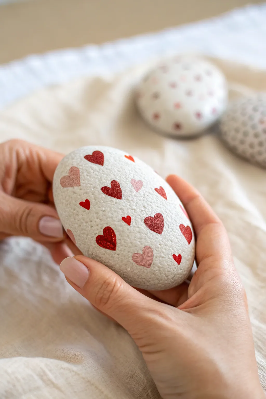 Simple heart-pattern river rock in hand, minimalist boho tones and soft neutral backdrop.