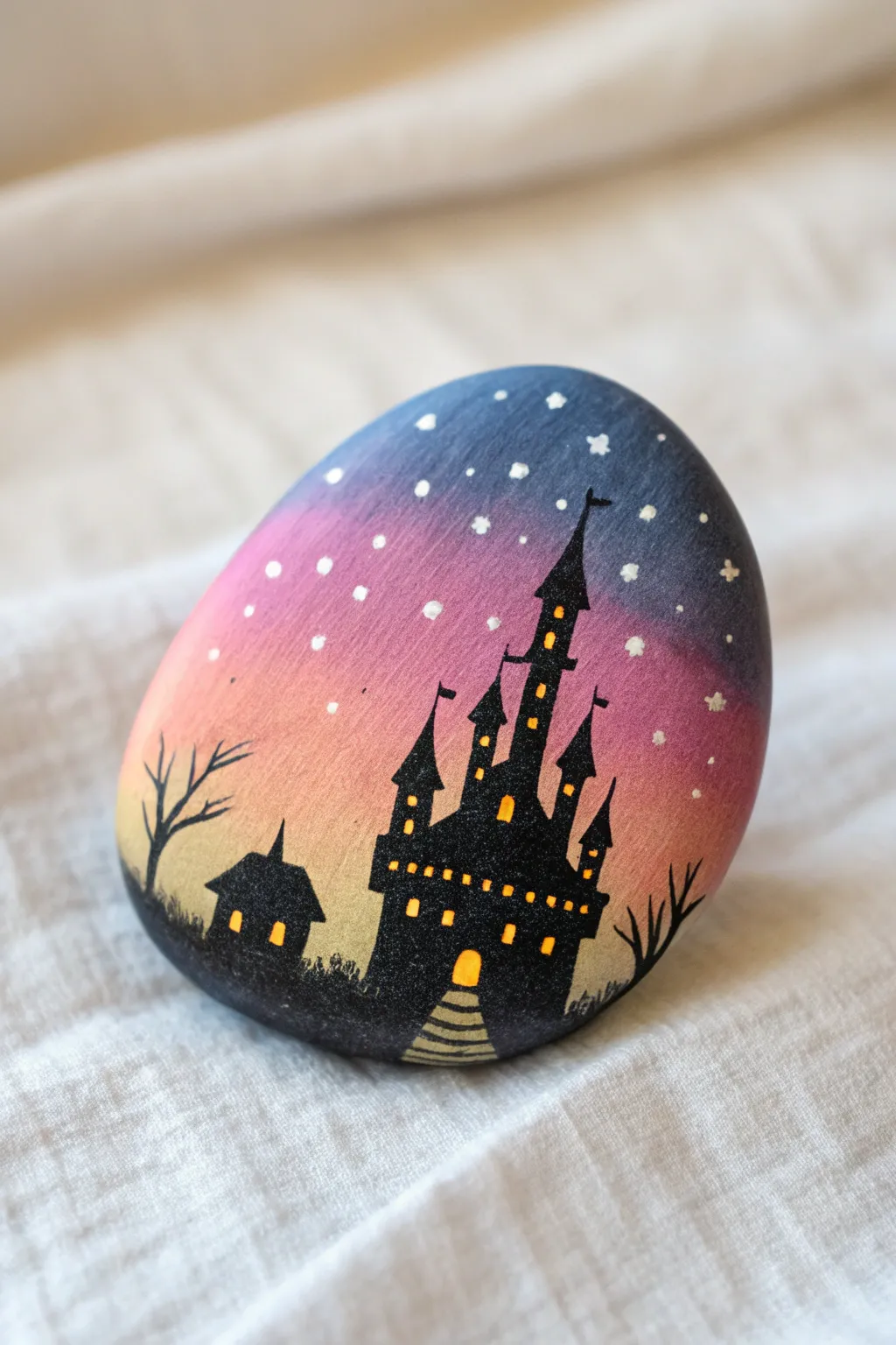 Paint a dreamy fairytale castle silhouette on a sunset rock for an elegant Disney-inspired vibe