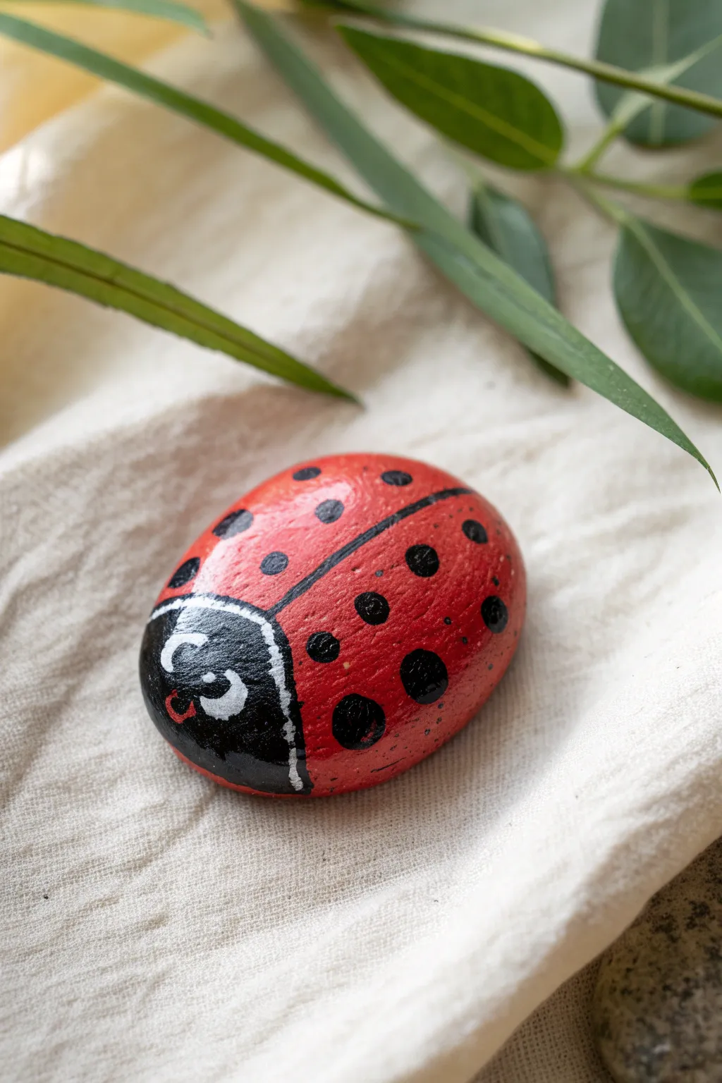 Cute ladybug painted rock, minimalist flat lay with soft boho greenery and bold contrast