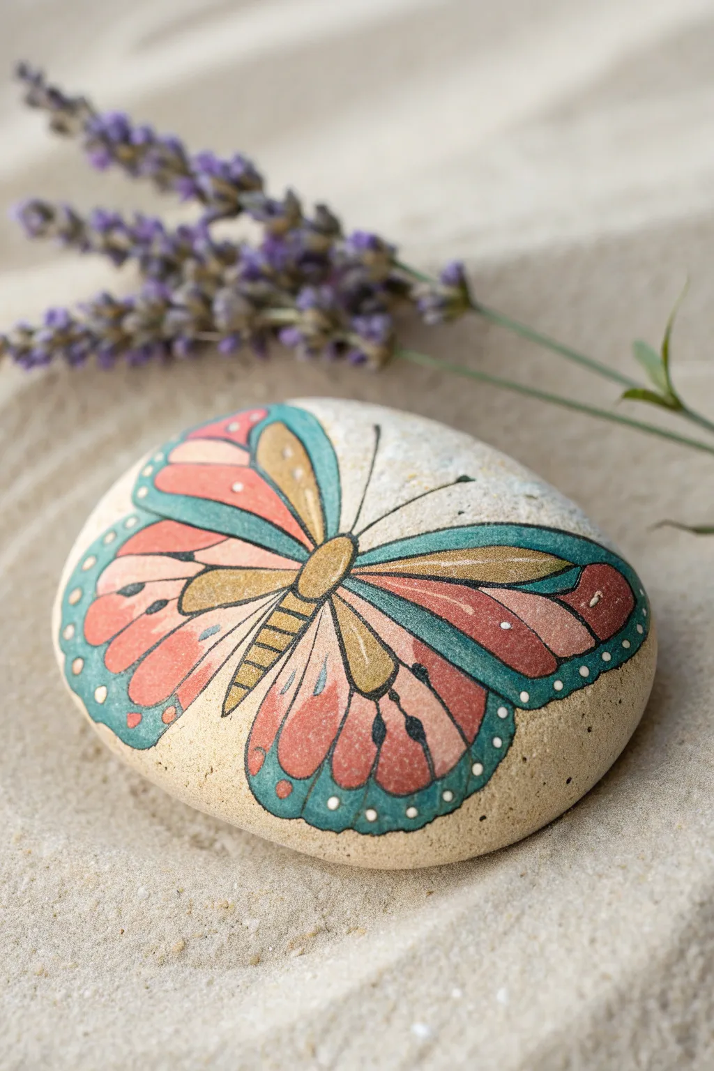 Butterfly wing rock by lavender adds handmade color to a garden pollinator corner