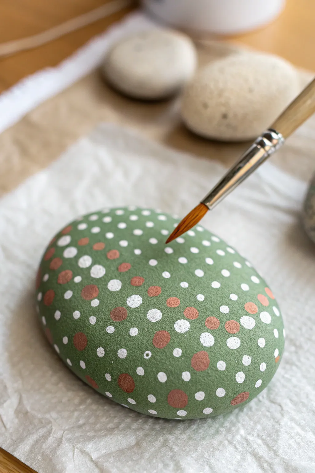 Easy polka dot rock painting in soft boho tones, dotting tool mid-touch on linen backdrop.