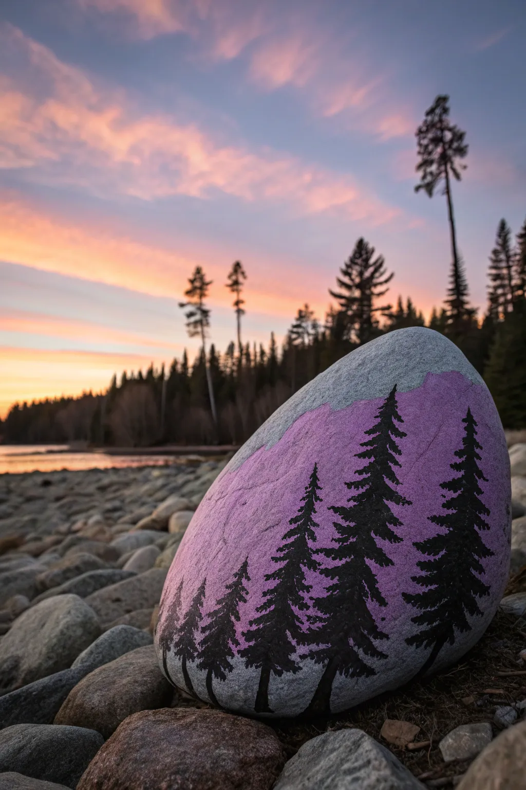 Purple-to-peach sunset gradient on a flat rock with bold pine silhouettes, minimal and serene