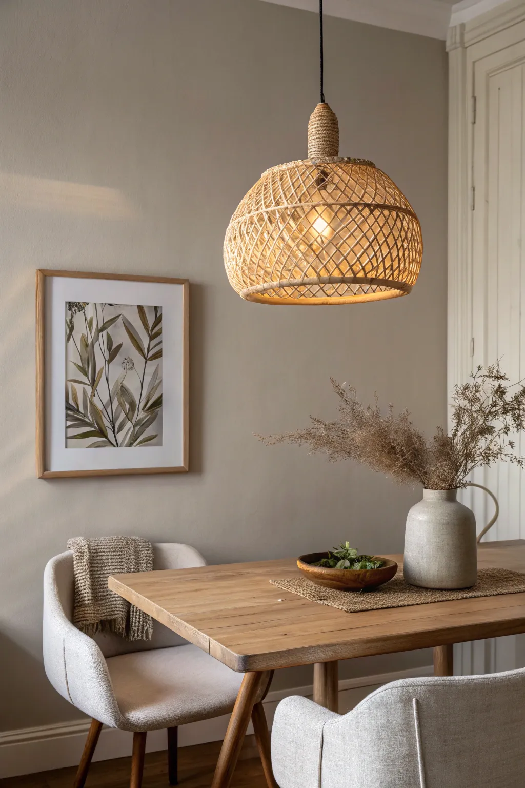 Light taupe walls with a woven pendant glow bring instant warmth to a minimalist dining nook