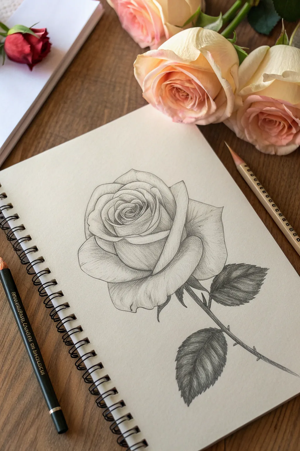 Realistic rose sketch idea: soft pencil gradients from dark center to light petals, with a cast shadow.